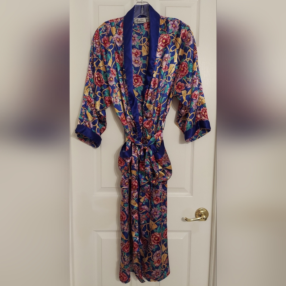 J.O. INTIMATES | Vtg 90s Size P/S Floral Satin Full-Length Robe w/Belt, 2 Pocket